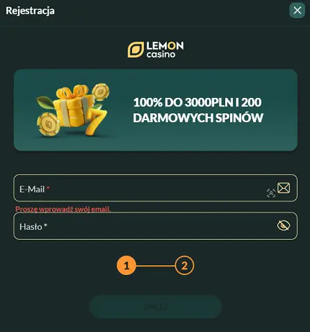 Menu rejestracji Lemon Casino